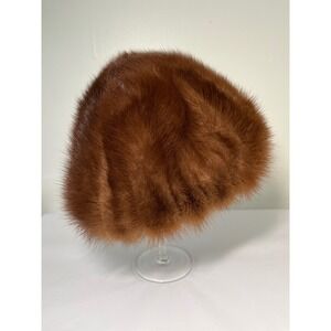 Vintage Gertz Long Island Genuine Mink Fur Pillbox Hat Brown Red Satin Lining
